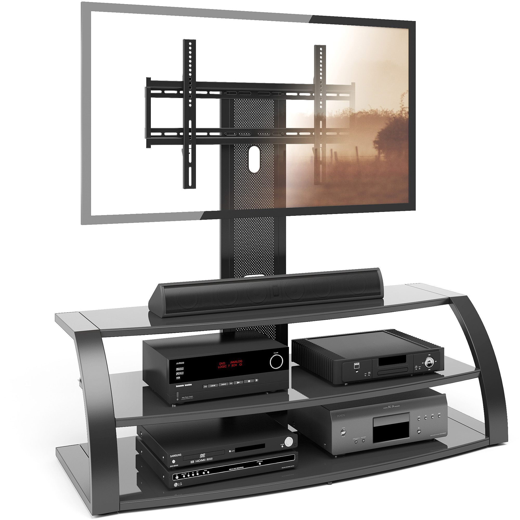 CorLiving Malibu TV Stand with Mount and Black Metal Uprights for TVs up to 65''