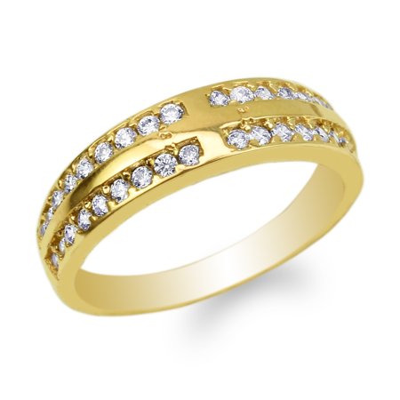 - Ladies 14K Yellow Gold Round CZ Cross Engagement Channel Band Ring Size 4-10