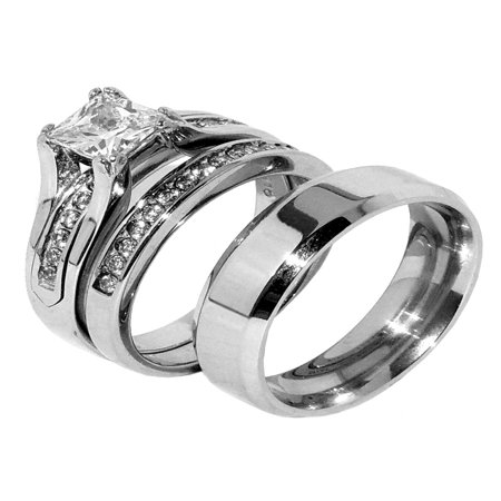 Clear Cubic Zirconia Wedding Band His Hers Couple One Carat Princess Square CZ Wedding Ring set Mens Flat Band- Size W5M7 ()