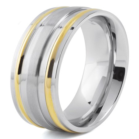 Stainless Steel Two Tone Ring - Two Tone Stainless Steel Brushed and Gold Grooved Ring (7mm)