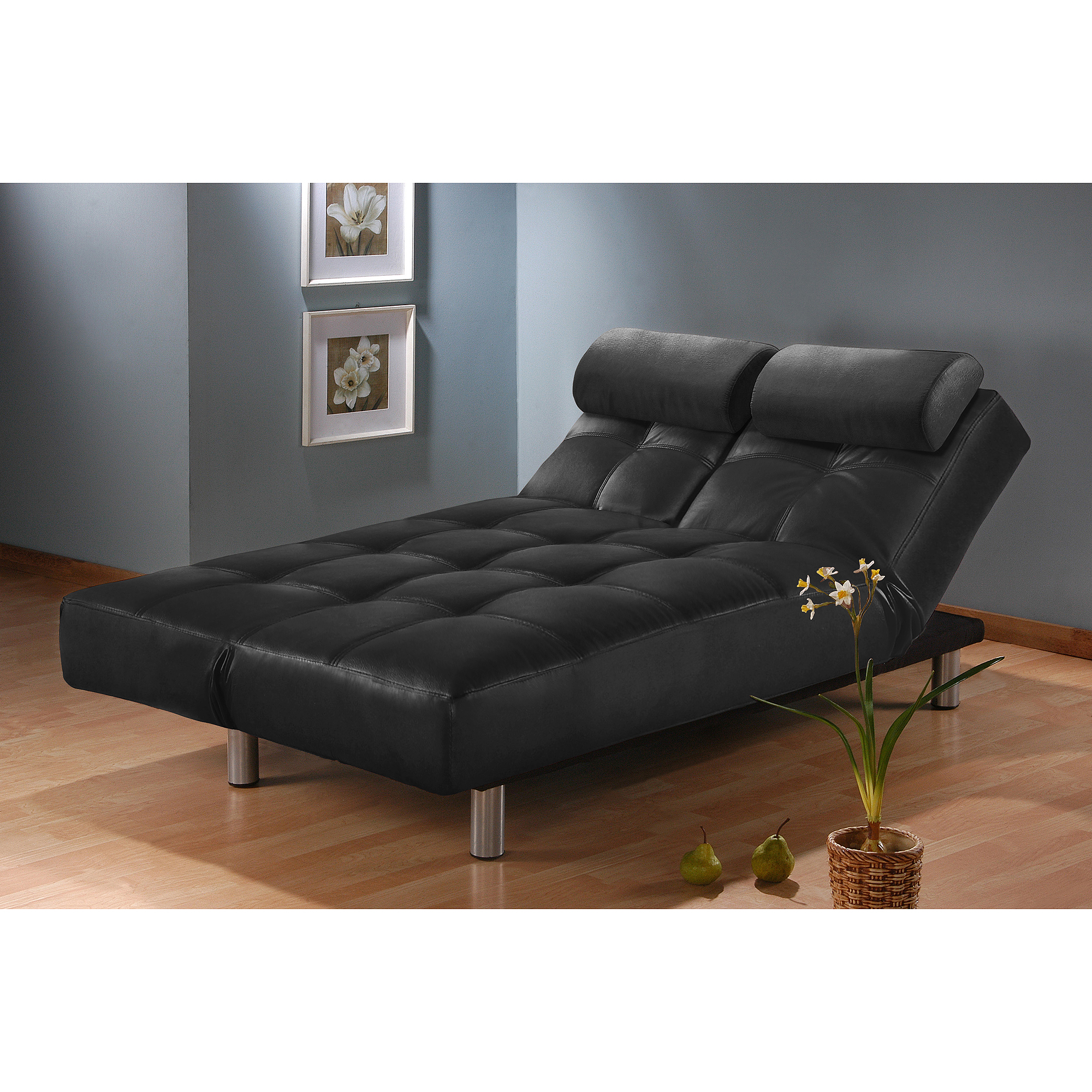 Atherton Home Manhattan Convertible Futon Sofa Bed and Lounger, Black Faux Leather