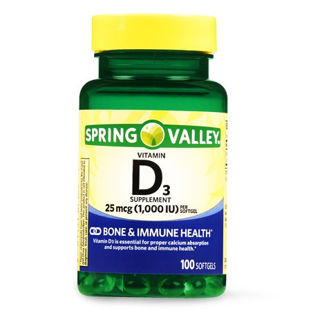 - (2 Pack) Spring Valley Vitamin D3 Softgels, 1000 IU, 100 Ct