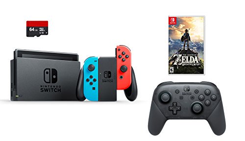 3d Bundle - Nintendo Swtich 4 items Bundle:Nintendo Switch 32GB Console Neon Red and Blue Joy-con,64GB Micro SD Memory Card and an Extra Nintendo Switch Pro Wireless Controller,The Legend of Zelda