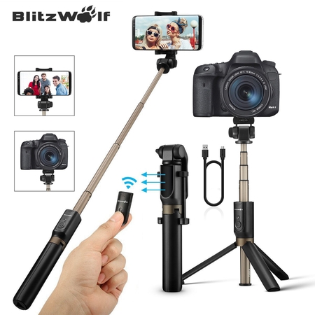 BlitzWolf 3in1 Extendable Selfie Stick + Handheld Tripod Monopod+ Remote Control Shutter ,Universal for 3.5-6 inch Screen Smart Mobile