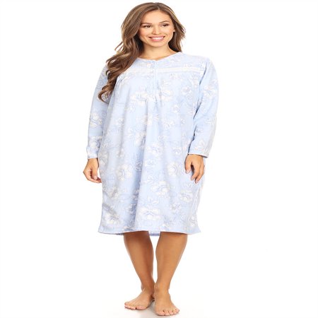 Night Long Tank 4026 Fleece Womens Nightgown Sleepwear Pajamas Woman Long Sleeve Sleep Dress Nightshirt Blue 1X ()