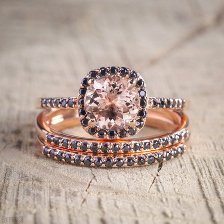 Black Diamond Gold Wedding Rings - 2 carat Morganite and Black Diamond Trio Wedding Bridal Ring Set in 10k Rose Gold with Engagement Ring and 2 Wedding Bands