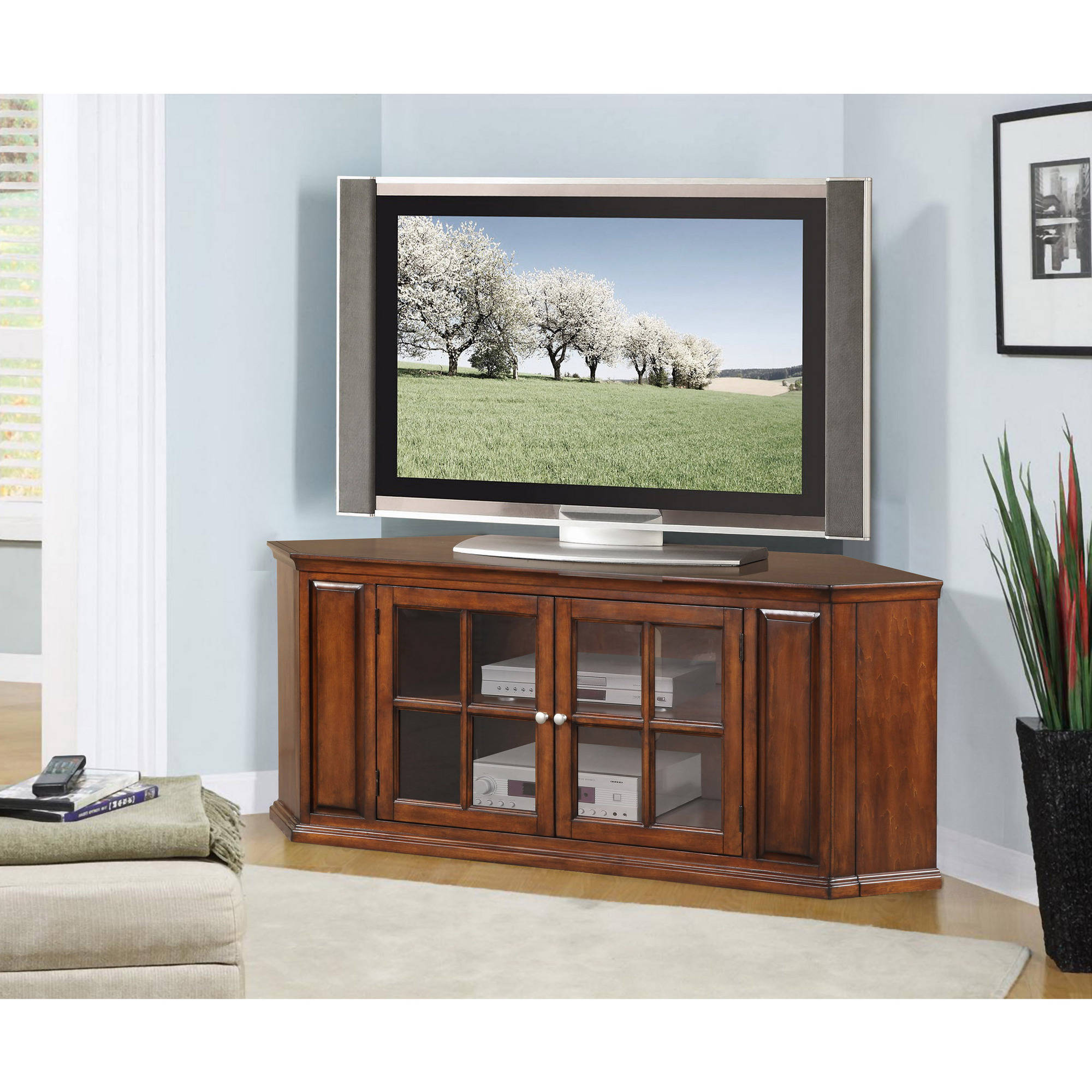Manhattan Wood Veneer Corner TV Stand for TVs up to 70'', Cherry