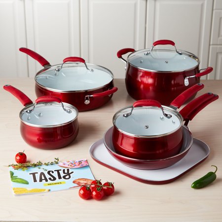 Tasty 11pc Cookware Set Non-Stick - Titanium Reinforced Ceramic - Red