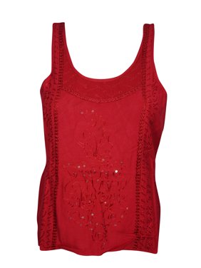Mogul Womens Scoop Neck Red Top Sleeveless Sequin Embroidered Sexy Back Tunic Blouse