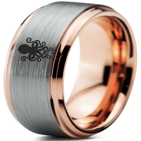 52 Step Down Ring - Tungsten Octopus Squid Sea Creature Band Ring 8mm Men Women Comfort Fit 18k Rose Gold Step Bevel Edge Brushed Polished