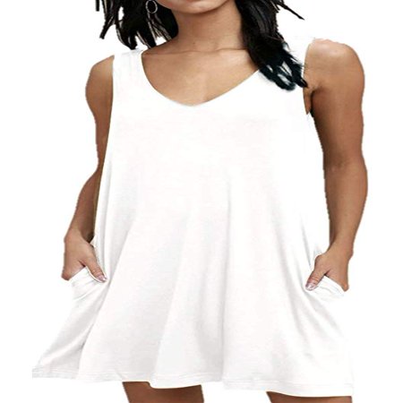Women Summer Casual T Shirt Dresses Beach Cover up Plain Pleated Tank Dress