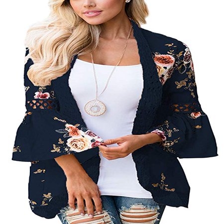 - Women's Boho Lace Patchwork Floral Print Coat Tops Casual Kimono Cardigans