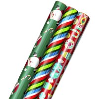 Hallmark Foil Christmas Wrapping Paper with Cut Lines on Reverse (3 Rolls: 60 sq. ft. ttl) Cute Santa, Colorful Candy, Blue, Green, Red Stripes