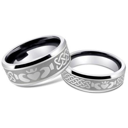 - Men & Women's 8MM/6MM Tungsten Carbide IRISH CLADDAGH Celtic Design Wedding Band Ring Set w/Laser Etched