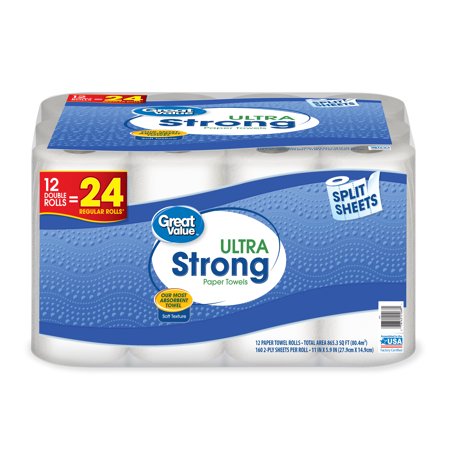 Great Value Ultra Strong Paper Towels, Split Sheet, 12 Double Rolls ...