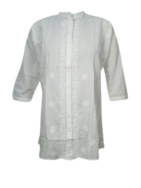 Mogul Women's Bohemian Ethnic Top Cotton White Tunic Blouse Button Up Hand Embroidered 3/4 Sleeves Summer Indie Kurti L