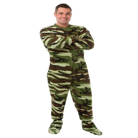 big feet pjs green camo micro-polar fleece adult footed pajamas sleeper with drop seat
