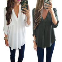 EFINNY Plus Size S-3XL Women's Blouse Casual Loose Chiffon Long Sleeve Deep V T Shirt Autumn Tops