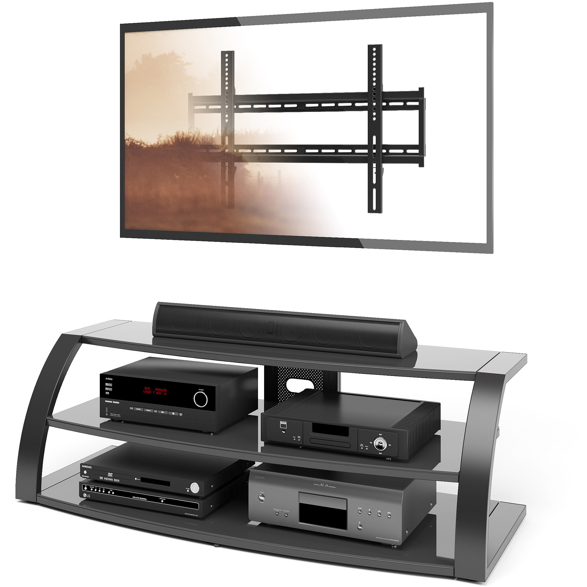 CorLiving Malibu TV Stand with Mount and Black Metal Uprights for TVs up to 65''