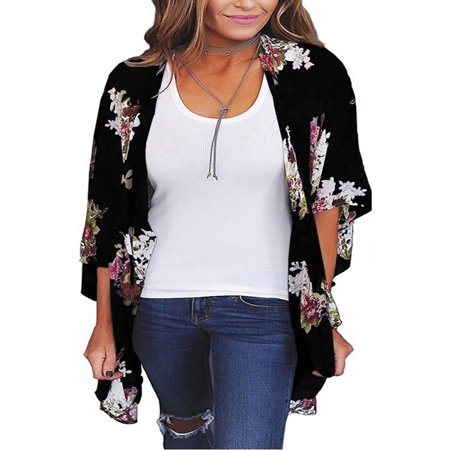 Women's 3/4 Sleeve Kimono Cardigans for Women, Lightweight Jackets for Women, Black Printed Flyaway Cardigans for Women,