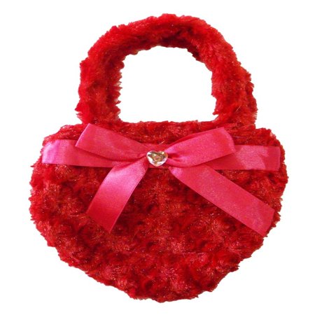 - Girls Red Fuzzy Velvet Sparkle Stone Bow Attached Heart Purse