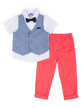 Short Sleeve Plaid Poplin Button Up Shirt, Peached Twill Pant, Printed Twill Bowtie & Woven Chambray Vest, 4pc Dressy Set (Baby Boys)