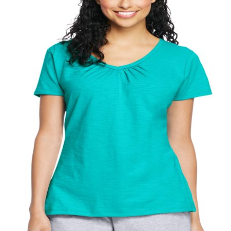 - Women's Slub Jersey Shirred V-Neck T Shirt