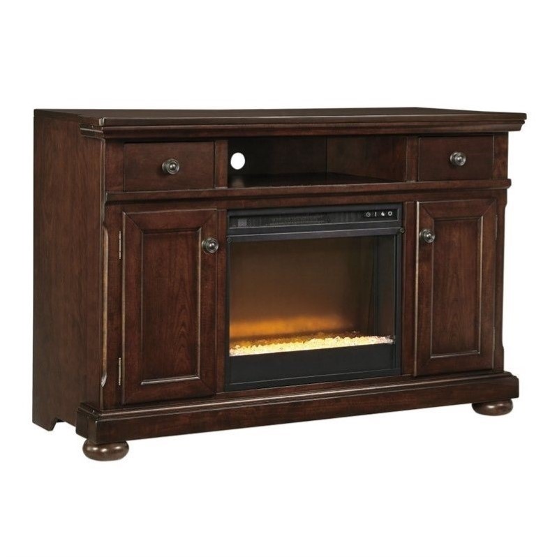 Porter W697-120 Large TV Stand Including 4 Shelved  2 Doors and Fireplace Option with Adjustable Shelf and Hole(s) for Wiring in Rustic Brown