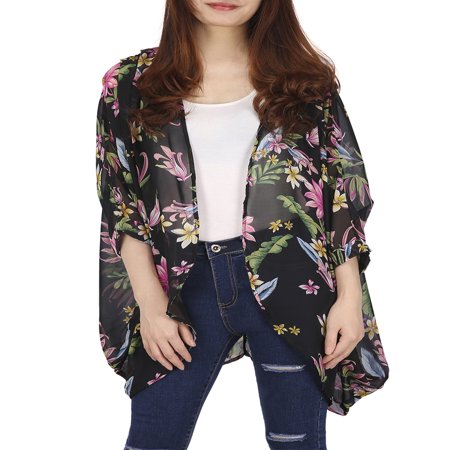Cashmere Summer Cardigan HDE Womens Sheer Chiffon Cardigan Loose Summer Cover up Kimono Boho Half Sleeves (Black Floral, Large) ()