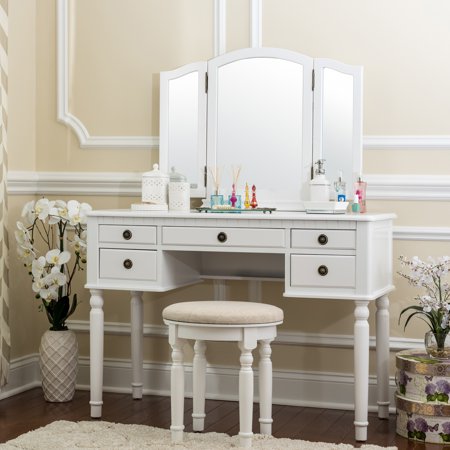 Fineboard Dressing Set with Stool Beauty Station Makeup Table Three Mirror Vanity Set, 5 Organization Drawers, White