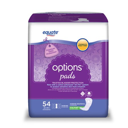 Equate Options Incontinence Pads for Women, Moderate, Long, 54 Ct ...