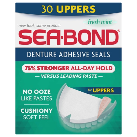 Sea Bond Secure Denture Adhesive Seals, For an All Day Strong Hold, 30 Fresh Mint Flavor Seals for Upper