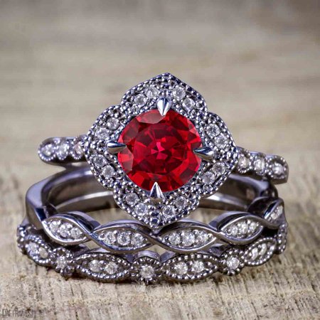 Black Diamond Gold Wedding Rings - Bestselling 2.50 Carat Ruby and Diamond Halo Trio Wedding Bridal Ring Set in Black Gold