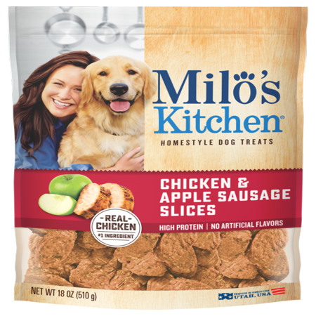 Apple Brie Chicken - Milo's Kitchen Chicken & Apple Sausage Slices Dog Treats, 18-Ounce