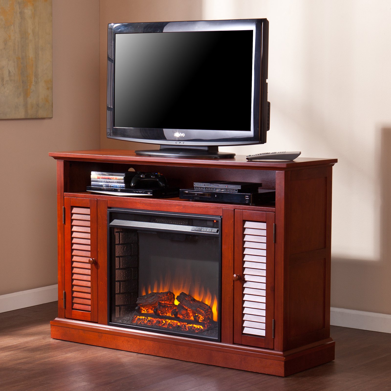 Southern Enterprises Buckhead Media Console Fireplace - Classic Mahogany