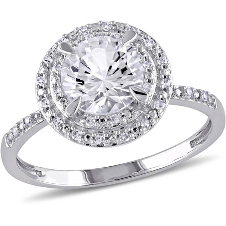 8 Lab White Sapphire Ring - 1-5/8 Carat T.G.W. Created White Sapphire and 1/10 T.W. Diamond 10kt White Gold Halo Ring