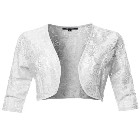- FashionOutfit Women's 3/4 Sleeve Floral Lace Shrug Bolero Cardigan Top - Made in USA