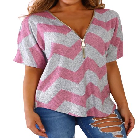 Short Sleeve Womens Blouse - 711ONLINESTORE Women Zipper V Neck Short Sleeve Color Block Blouse