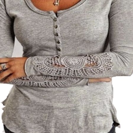 Lace Nylon Blouse - Women Round Neck Button Long Sleeve Lace Hollow Out Embroidery Blouses