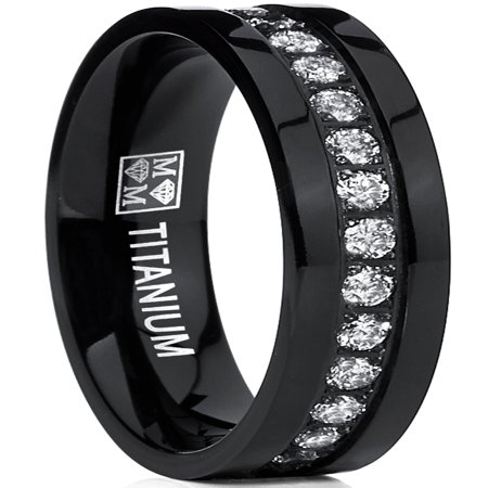 Beaded Polished Titanium Ring Black High Polish Titanium Eternity Ring Band With Clear Cubic Zirconia 6mm Comfort Fit ()