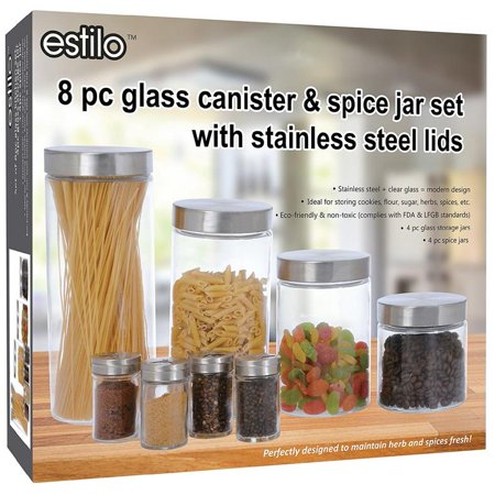 Estilo 8 Piece Glass Canisters And Spice Jar Set With Stainless Steel Screw On (Best Thermal Food Jar)