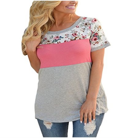 Women Short Sleeve Floral Print Casual T-shirt Cotton Patchwork