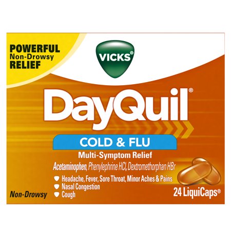 Vicks DayQuil Cold & Flu Multi-Symptom Relief, 24 LiquiCaps - #1 Pharmacist Recommended -Non-Drowsy, Daytime Sore Throat, Fever, and Congestion (Best Treatment For Fever Blisters Cold Sores)