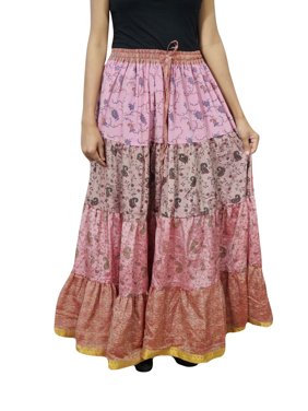 Mogul Womens Maxi Sari Skirt Full Flare Printed Boho Chic Gypsy Summer Beach Long Skirts