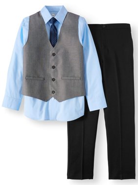 Boys' Dressy Set With Sharkskin Vest, Blue Dress Shirt, Skinny Tie and Black Pull-On Pants, 4-Piece Outfit Set