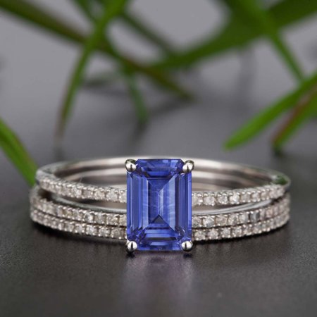 Real Ruby Emerald Sapphire (2 Carat Emerald Cut Real Sapphire and Diamond Wedding Trio Ring Set with Engagement Ring and 2 Wedding Bands in 18k Gold Over)