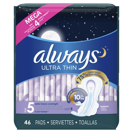 ALWAYS Ultra Thin Size 5 Extra Heavy Overnight Pads With Wings Unscented, 46
