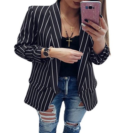 JLONG 1Pcs Womens Casual Work Striped Blazer Slim OL Suit Jacket Button Coat Tops Outwear