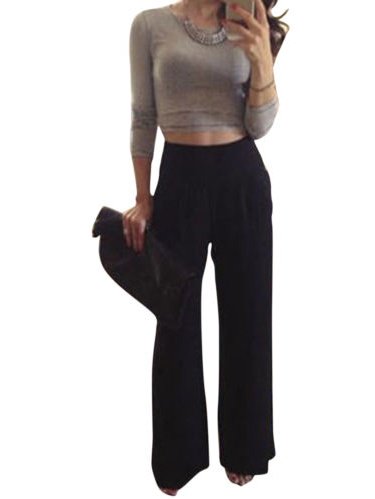 Women Wide Leg High Waist Solid Palazzo Trousers Flare Loose Casual Long