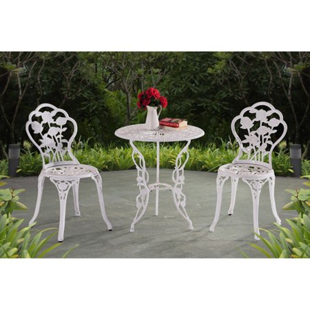 Bistro Table And Chair Set Sunjoy Releve 3 Piece Rose Bistro Set, Outdoor Floral Antique Style Metal Table and Chairs Dinning Set, White ()